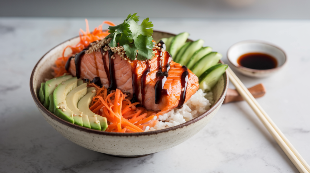 A salmon rice bowl with fresh avocado slices, julienned carrots, cucumber, sesame seeds, and soy sauce on the side.