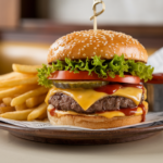 Finished classic cheeseburger served on a rustic wooden plate with a side of fries and ketchup.