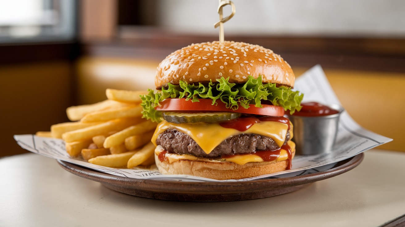 Finished classic cheeseburger served on a rustic wooden plate with a side of fries and ketchup.