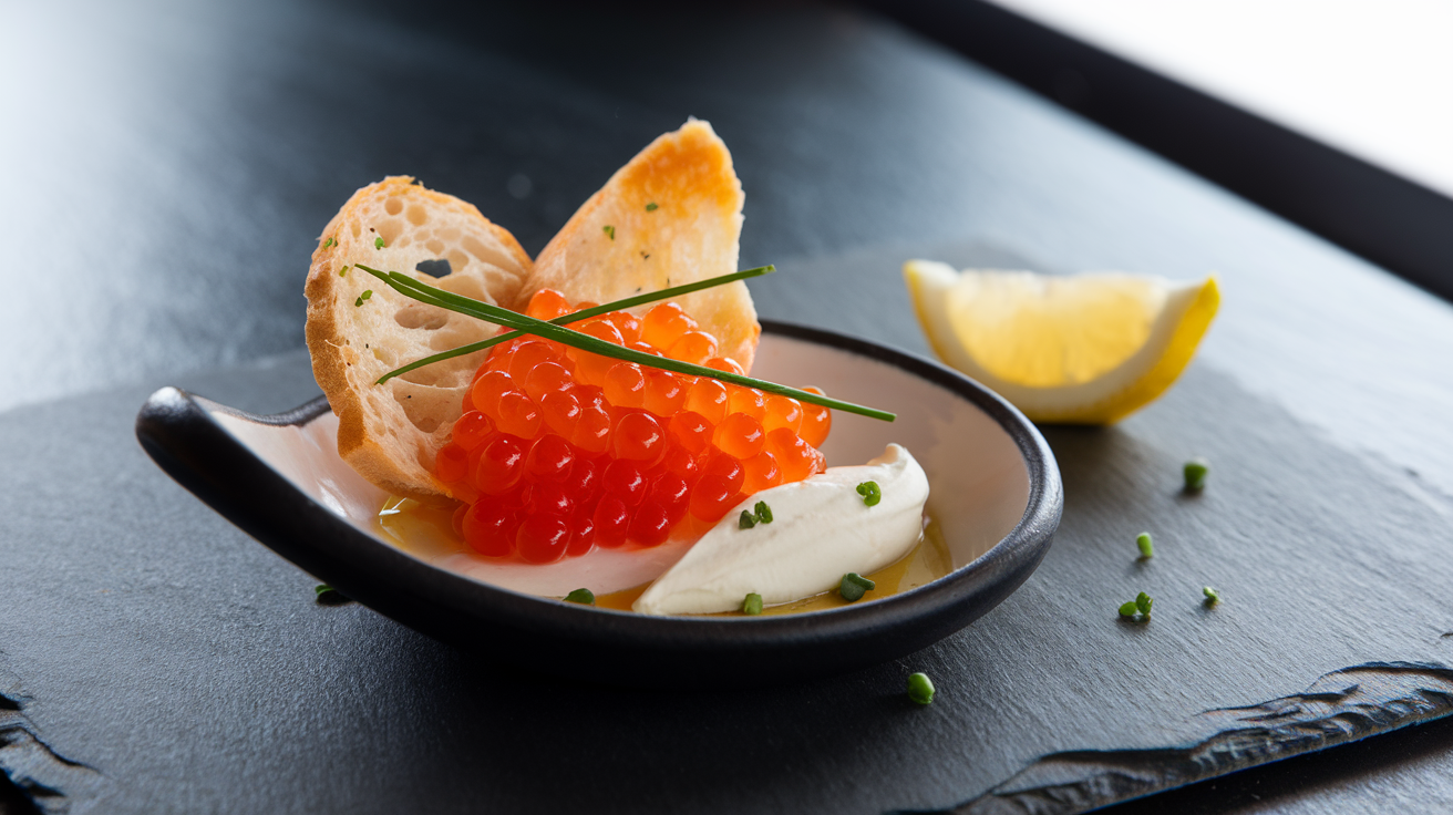 A beautifully plated salmon roe dish with crème fraîche, chives, and toasted bread on a black ceramic plate.