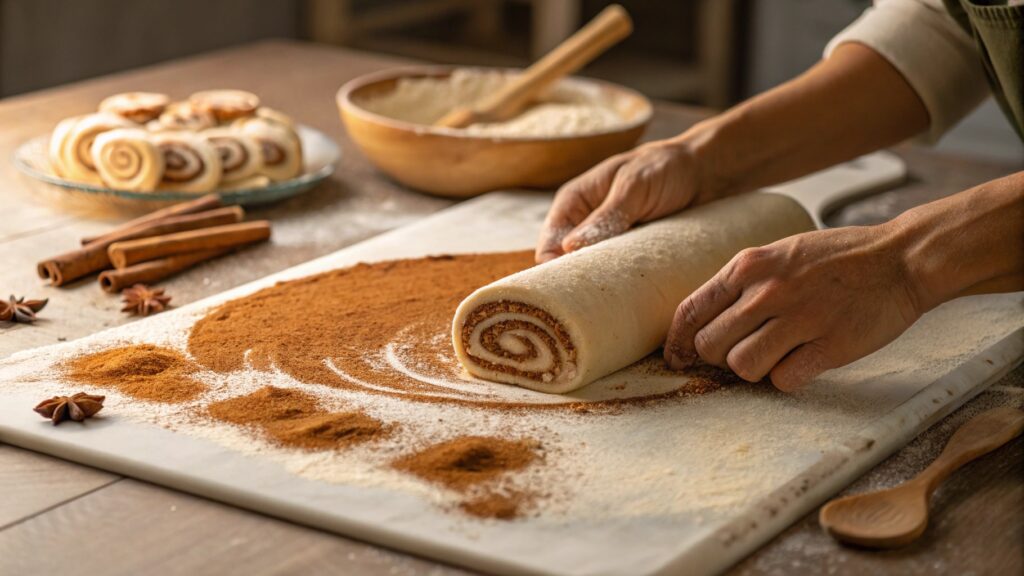A Process Shot Of Rolling Out Cinnamon Roll Dough