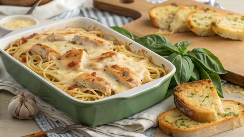 A Baked Dish Of Chicken Spaghetti Fresh Out Of The