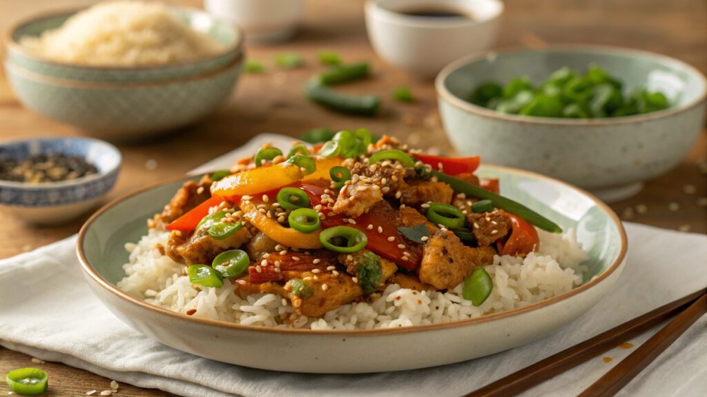 A Beautifully Plated Dish Of Spicy Ground Chicken