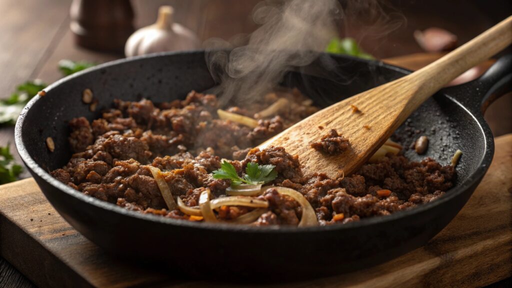 A Close Up Of Ground Beef Sizzling In A Cast Iron