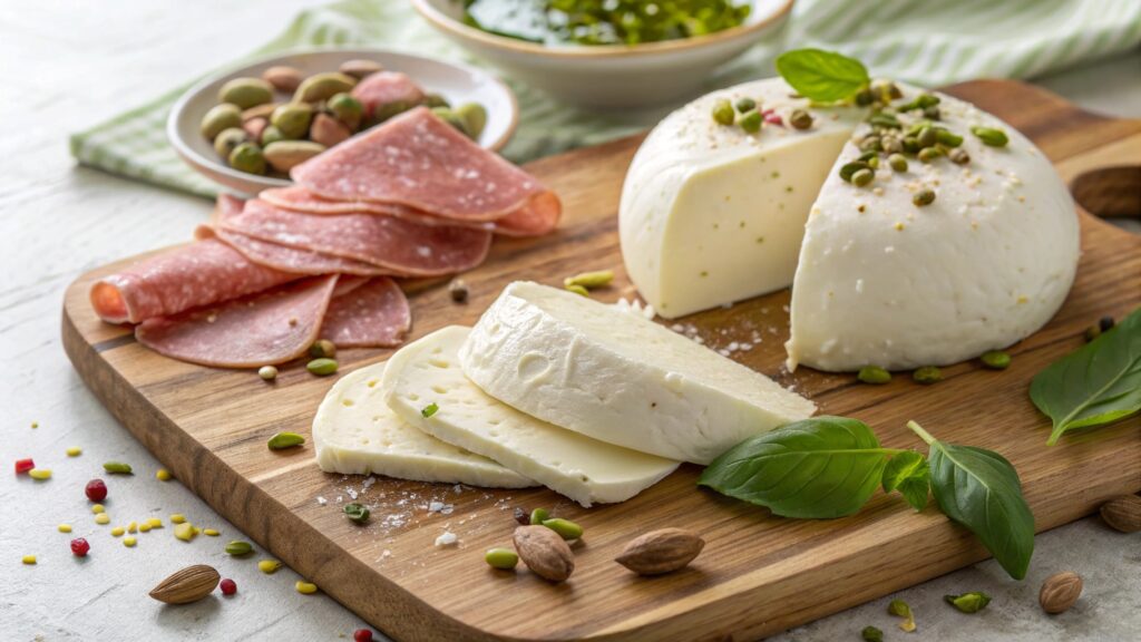 A Close Up Shot Of Provolone Mozzarella And Rico