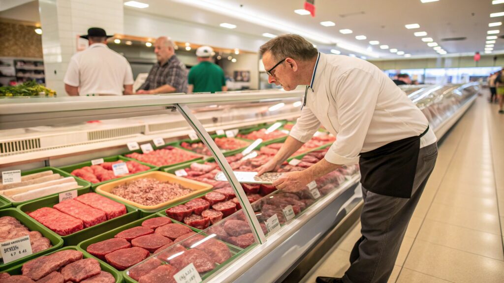 A Customer Selecting Fresh Ground Beef From A Well