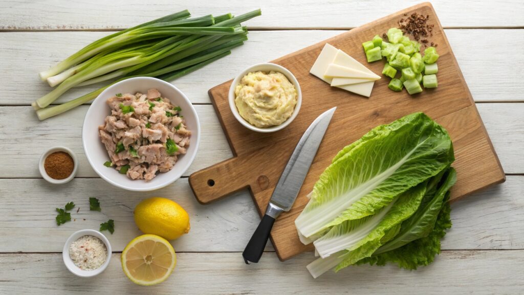 A Flat Lay Of Fresh Ingredients For Tuna Salad Let