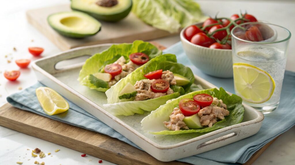 A Serving Tray With Freshly Assembled Tuna Salad L