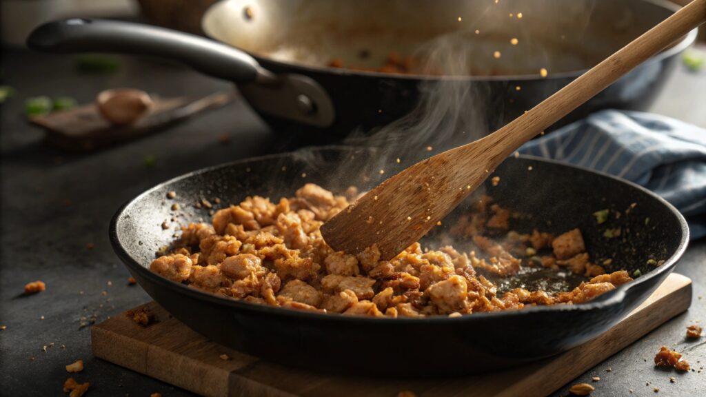 A Sizzling Pan With Ground Chicken Being Cooked