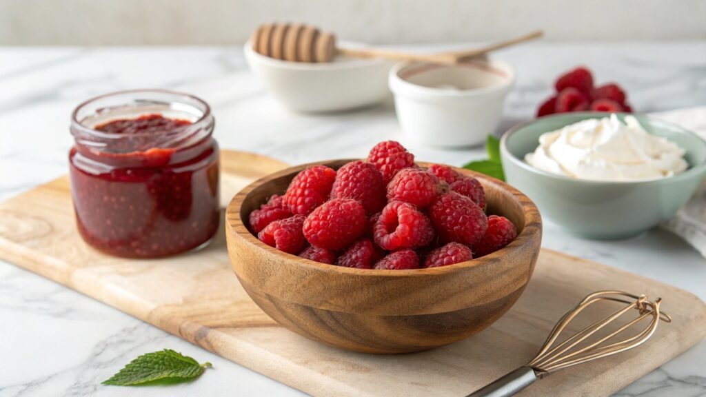Close Up Of Fresh Raspberries In A Wooden Bowl Wi