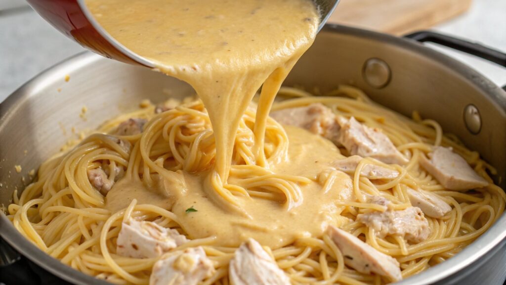 Close Up Shot Of A Creamy Cheese Sauce Being Poure