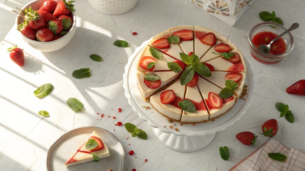 Overhead Shot Of A Sliced Strawberry Cheesecake On